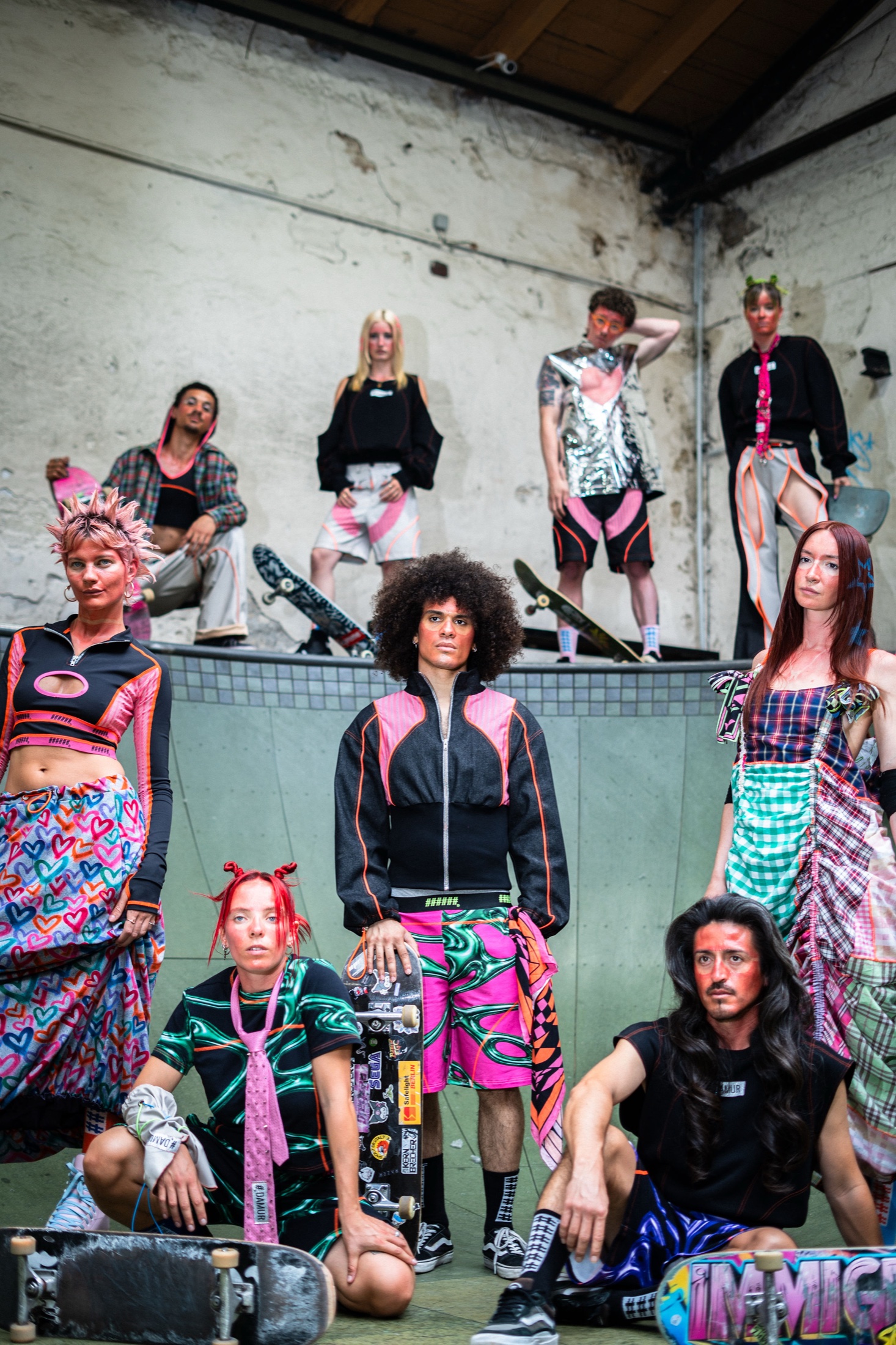 Fashion cast in vivid skate-inspired looks posed inside a skate bowl